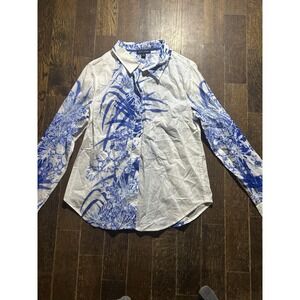Tommy Hilfiger Cotton White Blue Floral Collar Long Sleeve Button Down Blouse M